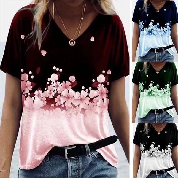

women's t-shirt summer women fashion floral printed casual lady loose v-neck short-sleeved female tees pullover oversized mujer, White