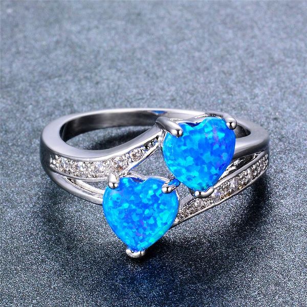 

wedding rings boho female white blue opal ring silver color heart for women promise love engagement, Slivery;golden