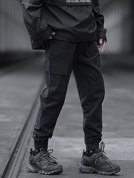 

men drawstring waist flap pocket cargo pants w654#, Black