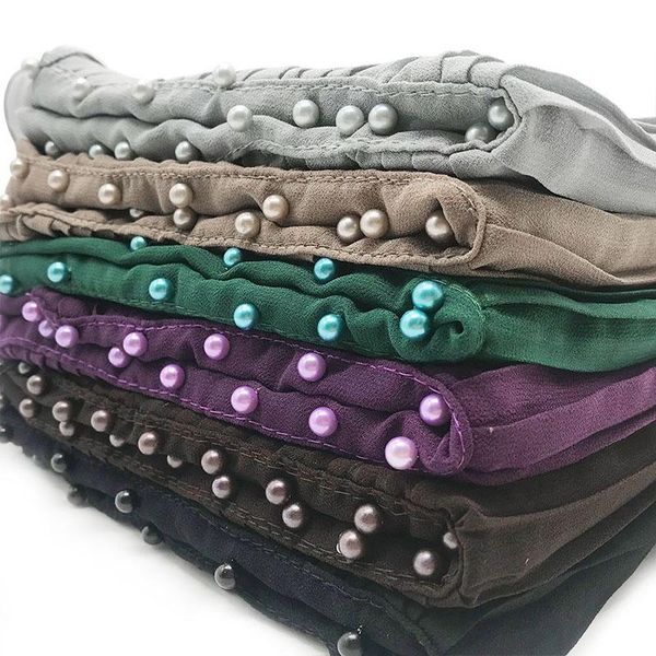 

scarves muslim arab bead headscarf hijab plain wrinkle pearl scarf good quality pleated chiffon shawls, Blue;gray