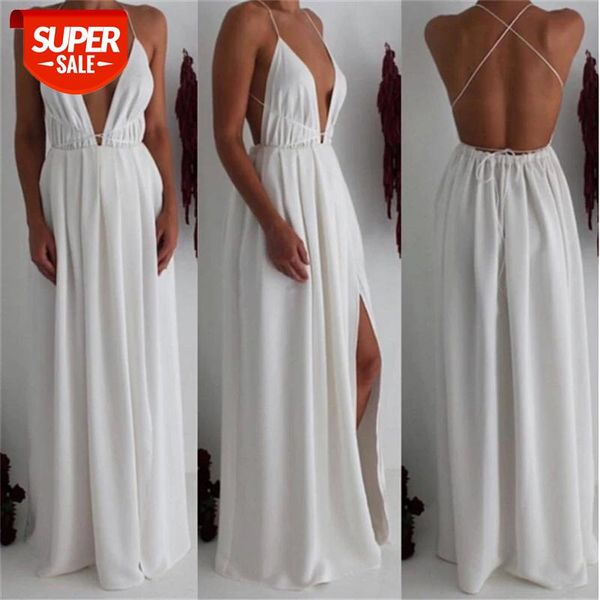 

deep v beach party white vestidos mujer elegant spaghetti strap low cut vintage long dress summer chiffon ladies long dress #qj40, White;black