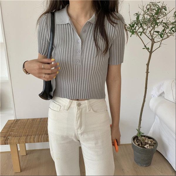 

brief casual knitted jumpers short sleeves solid chic 2021 all match basic pullovers lapel sweet office lady sweaters, White;black