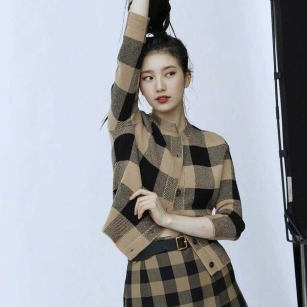 

women's sweaters cashmere wool jacket plaid short british-style cardigan women's knit sweater can custom size large 1nhf, White;black