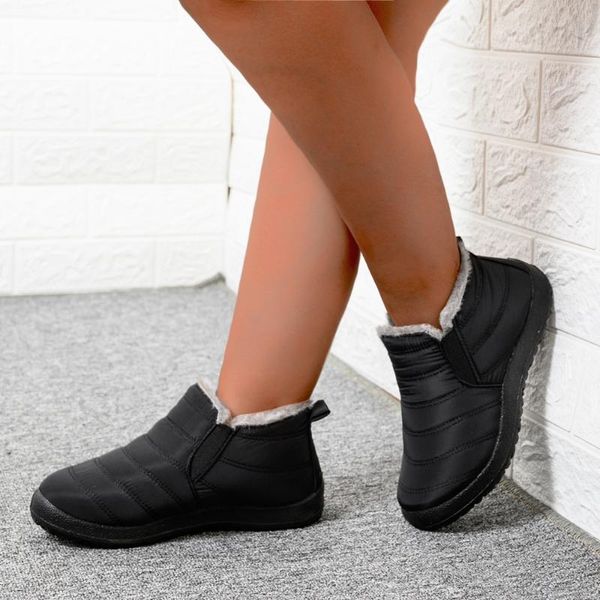 

boots snow women shoes 2021 waterproof warm plush fur ankle winter female slip on flat casual ultralight footwear, Black