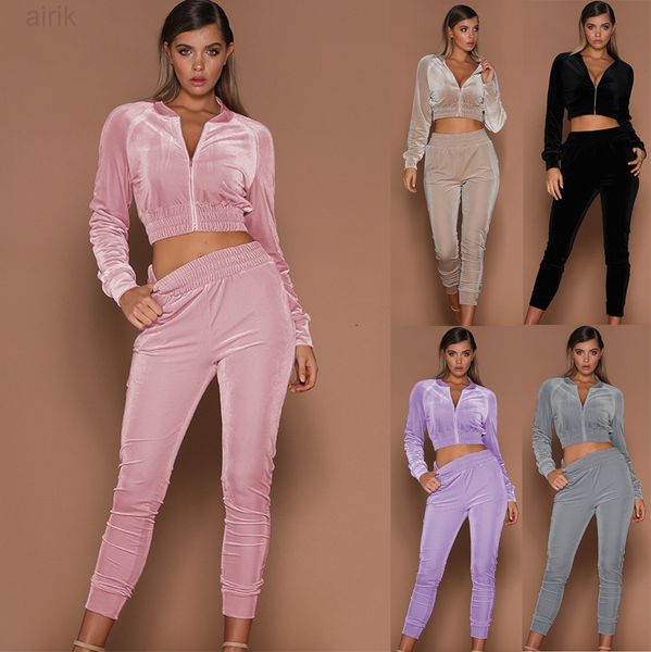 

2023 velvet women's sweaters pants casual suit two piece set autumn and winter solid color zipper footwear sports two-pieces ladies wea, White