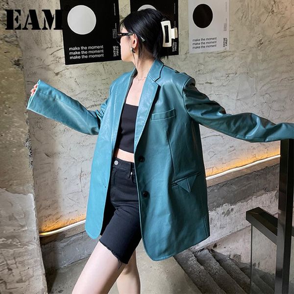 

women's suits & blazers [eam] women green pu leather big size blazer lapel long sleeve loose fit jacket fashion tide spring autumn 2021, White;black