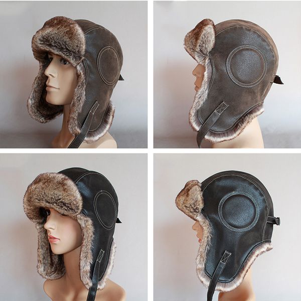 

winter ushanka hat men womens pilot aviator bomber trapper hat faux fur leather snow cap with ear flapsg, Blue;gray