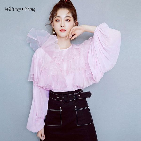 

whitney wang blouses fashion streetwear layered ruffles chiffon blouse women blusas lady shirt top, White