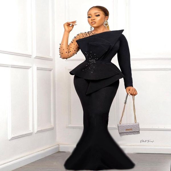 

party dresses black evening dress aso ebi mermaid long sleeves layered ruffles rhinestone plus size fashion ladies gowns 2021 07f, White;black