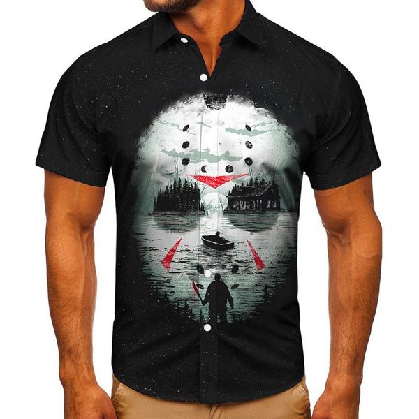 

men's casual shirts 2021 breathable pure black street fashion trend digital skull print t-shirt shirt hawaii spring and su, White;black