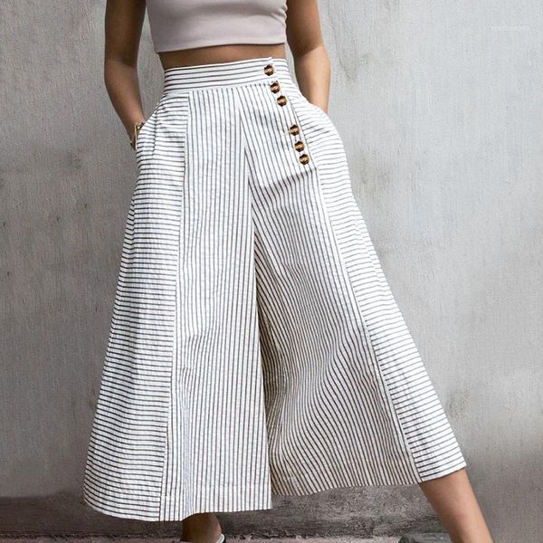 

women's pants & capris fashion high waist striped celmia 2021 women retro work trousers autumn casual buttons loose elegant party wide, Black;white