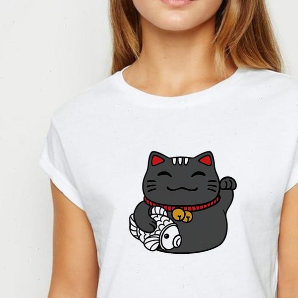 

avant garde plutus cat with fish t shirt women ropa mujer spring summer tshirt comfortable tee shirt round collar t shirts, White