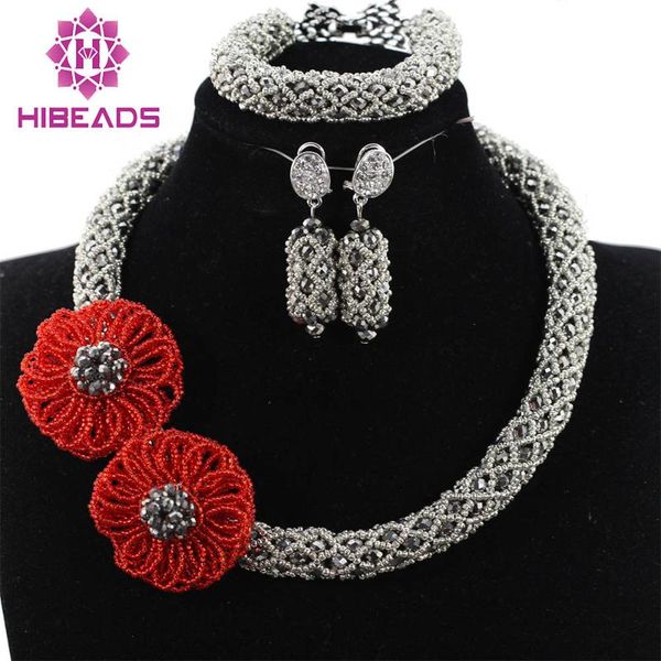 

earrings & necklace exclusive crystal bridal beads statement set nigerian wedding bib jewelry anj319, Silver