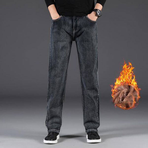 

men's jeans plus velvet thick loose 2021 winter trendy hong kong style warm harem pants male brand fleece denim trousers, Blue