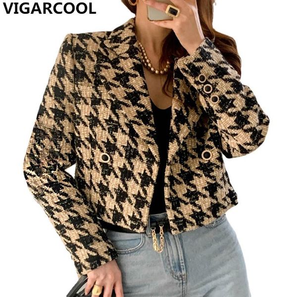 

women's jackets 2021 autumn winter fashionable suit collar chic double-breasted ladies coat loose short jacket thick houndstooth women, Black;brown
