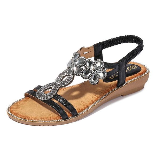 

sandals summer 2021 women flat water drill flower non slip shoes wood bead elastic band solid color leisure, Black
