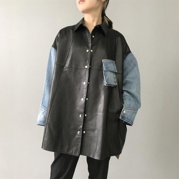 

women's leather & faux genuine sheep jacket women mid-length loose motorcycle shirt with denim casual wear ladies real sheepskin, Black