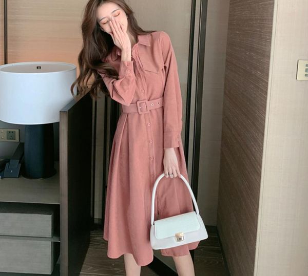 

2021 spring and autumn fashion long sleeve women's corduroy long dress, Black;gray