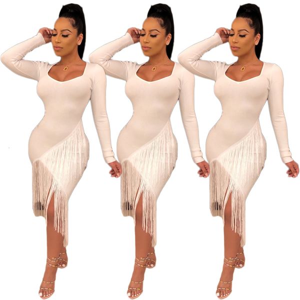 

2021 new tassel solid color round neck long sleeves asymmetrical bodycon woman elegent style clothes 6os3, Black;gray