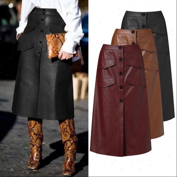 

womens pu skirts leather vestidos zanzea 2021 stylish button high waist split pockets midi female solid robe oversized, Black