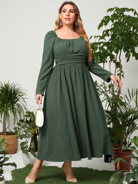 

plus puff sleeve ruched dress o15t#, Black