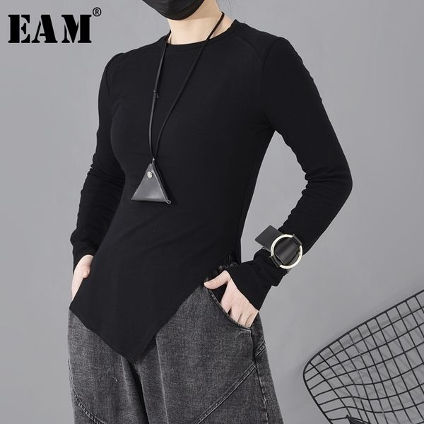 

[eam] women black asymmetrical hem temperament t-shirt new round neck long sleeve fashion tide spring autumn 2021 1h31201 210306, White