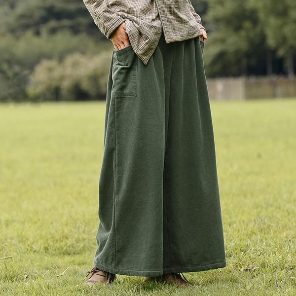 

johnature women corduroy wide leg pants elastic waist vintage trouser fleece pockets 2021 autumn winter loose female women's & capris, Black;white