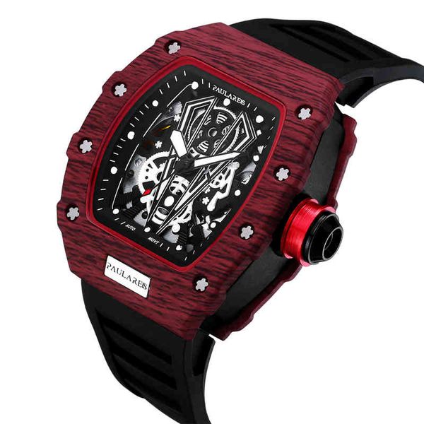 

men automatic self wind skeleton mechanical red black rubber strap richard fashion tonneau watch, Silver
