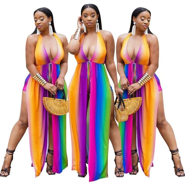 

women's tracksuits casual women shorts 2pcs 2021 rainbow striped printing v-neck sleeveless long split coat + lady skinny, Gray