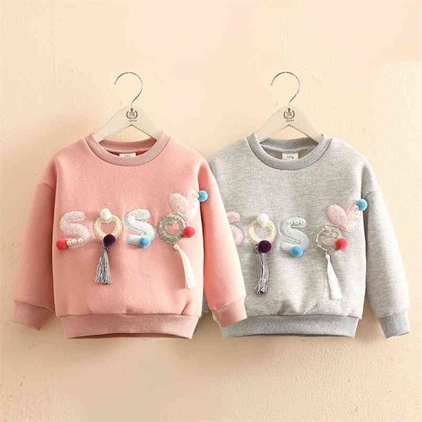

autumn warm fashion 2 3 4-10 years long sleeve letter ball pearl hoodies kids baby girls plus velet winter sweatshirts 210824, Black