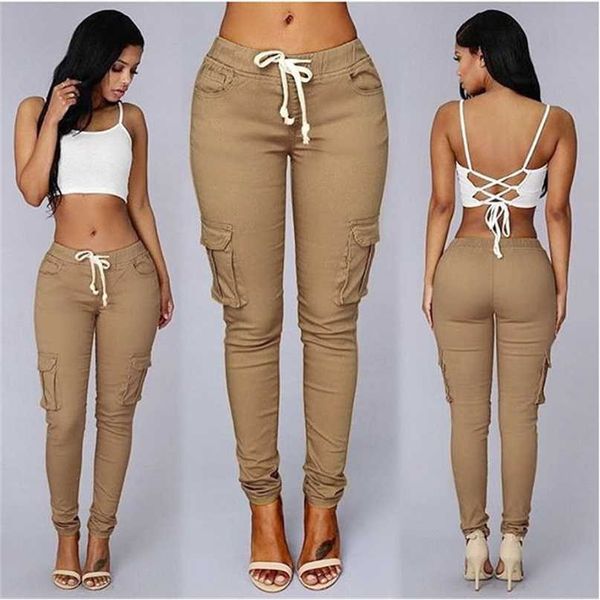 

ogilvy mather spring lace up waist casual women pants solid pencil multi-pockets straight slim fit trousers s-2xl 211007, Black;white