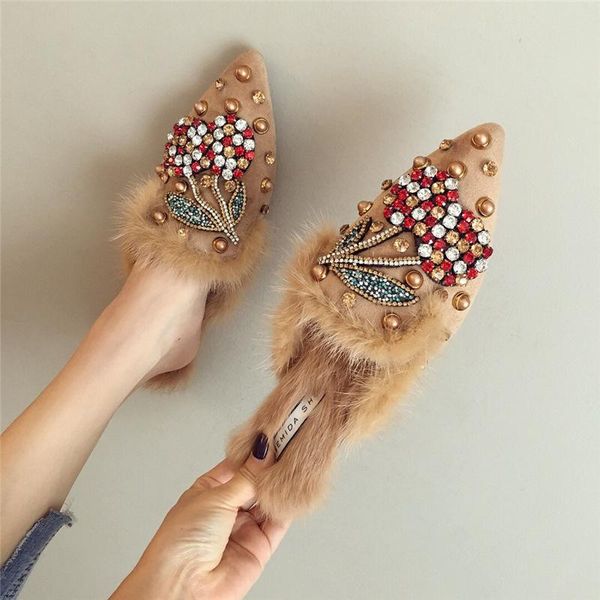 

slippers shoes woman pointed toe slides rhinestone mules ladies flats patent leather sandals big size beige black 4222