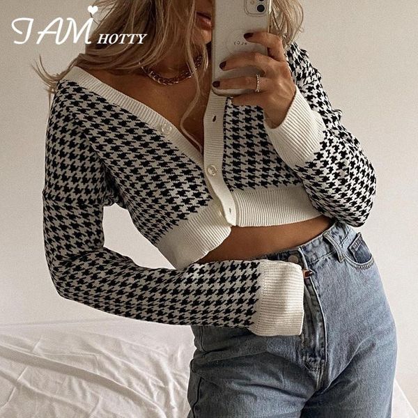 

women's knits & tees vintage houndstooth knitted cropped cardigan women y2k elegant button up long sleeve sweater knitwear feamle autum, White