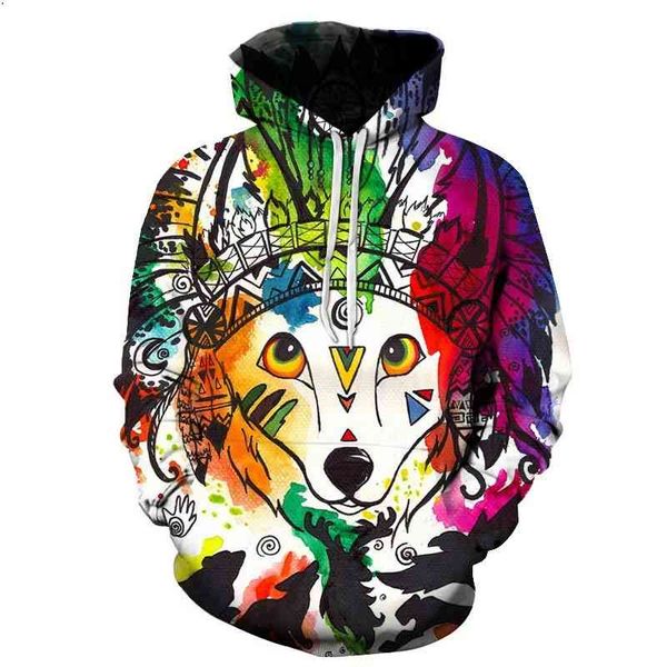 

new 3d fox print pocket pullover fashion hooded men's sweater, Black