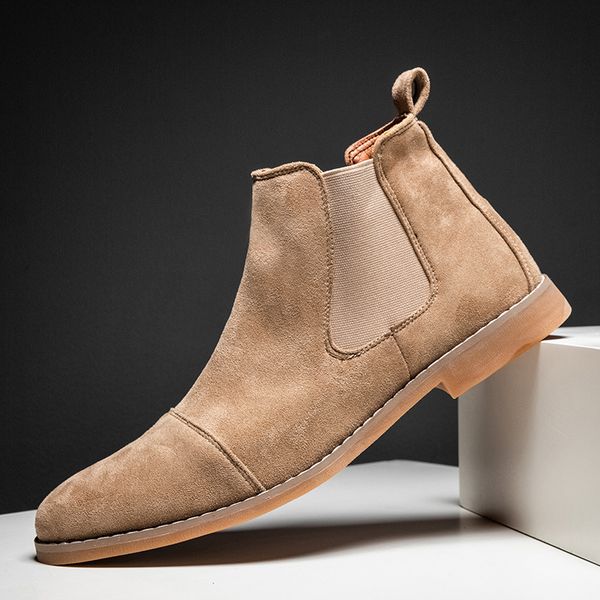 

fashion yellow chelsea boots men pointed comfortable dress boots men slip on mens suede shoes zapatos hombre casual, Black