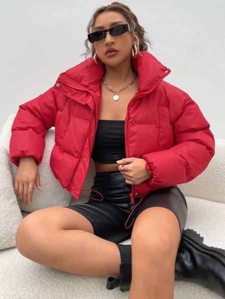 

solid drawstring puffer winter coat 53ry#, Black