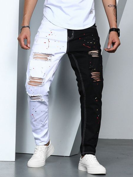 

men spliced splash ripped carrot jeans z4x1#, Blue