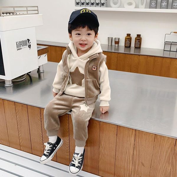 

clothing sets thick plush suit for baby boys winter cartoon bear lovely girls set warm hooded vest +shirt+ pants toddler kids clothes, White