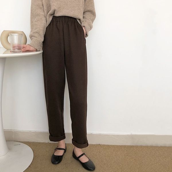 

new 2021 thicken all match casual high waist pants solid chic straight veet elegant minimalist women trousers 3vn4, Black;white