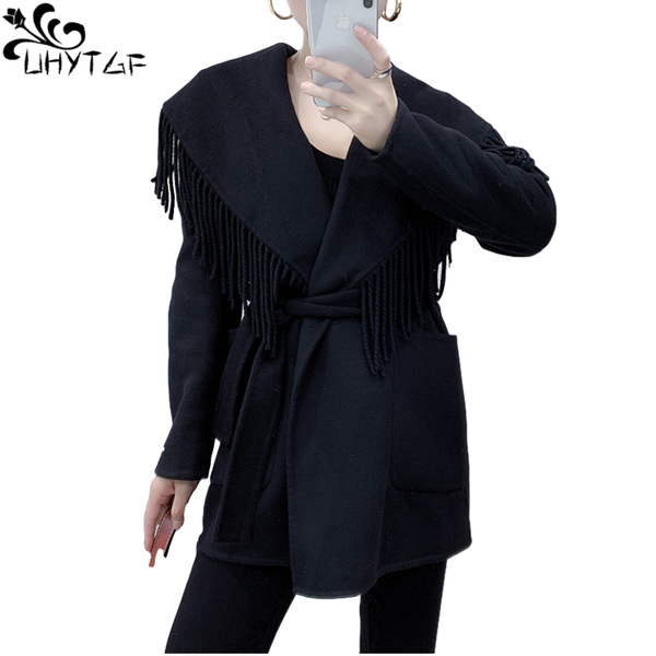 

women's wool & blends uhytgf autumn winter coat women plus size with fringe lapel cardigan belt double-sided woolen ladies 966, Black