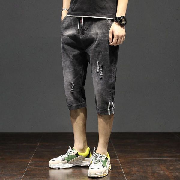 

summer thin 2021 ripped cropped trousers men's men's 7-point denim midpants high elasticity wear and elastic 3/4 pants, Blue
