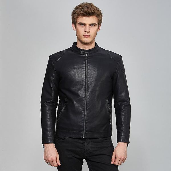 

men's fur & faux casual pu leather slim jacket soft stand collar zipper motorcycle black coat size m-3xl