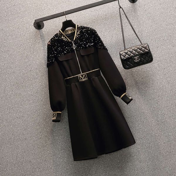 

large women's early spring 2021 new fat sister french fashion dress, Black;gray