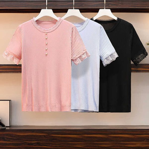 

l-4xl plus size women summer basic sweater pullover loose casual button lace patchwork thin kint female jumper sweaters 210604, White;black