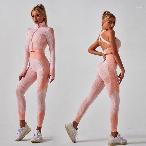 

yoga outfits zip up seamless gym set women long sleeve sports suits fitness crop high waist leggings 2 piece clothing1, White;red