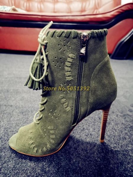 

boots army green tassel zipper ankle booties denim peep toe lace up rome women dress shoes stiletto high heel autumn ladies, Black