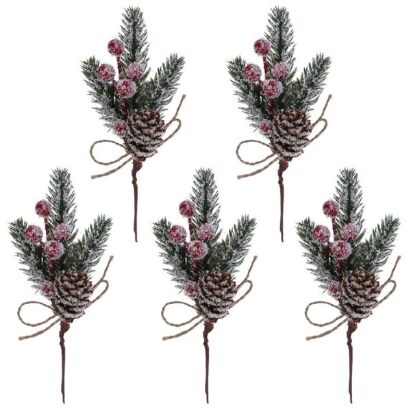 

5pcs diy christmas frosted pine branches red berries and floral pick decor