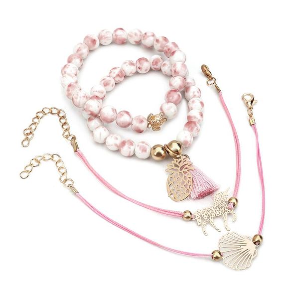 

charm bracelets 4 pcs/set boho women pineapple tassels tortoise heart shell chain bead leather horse bracelet set for, Golden;silver