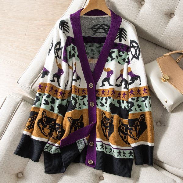 

2021 new winter streetwear knitted cute cartoon sweater print v neck cardigan jacket female ovkc, White;black