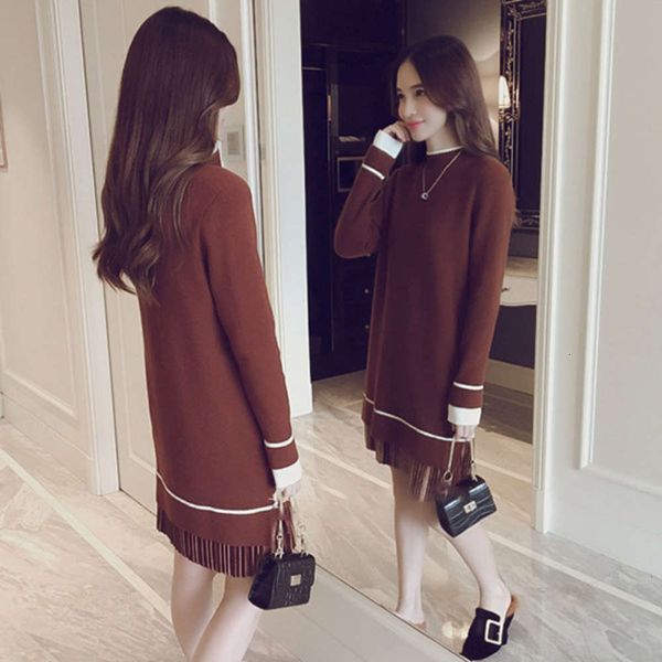 

2021half high collar base woolen small children's mid long spring and autumn with stitched hem pleated knitted dress, Black;gray